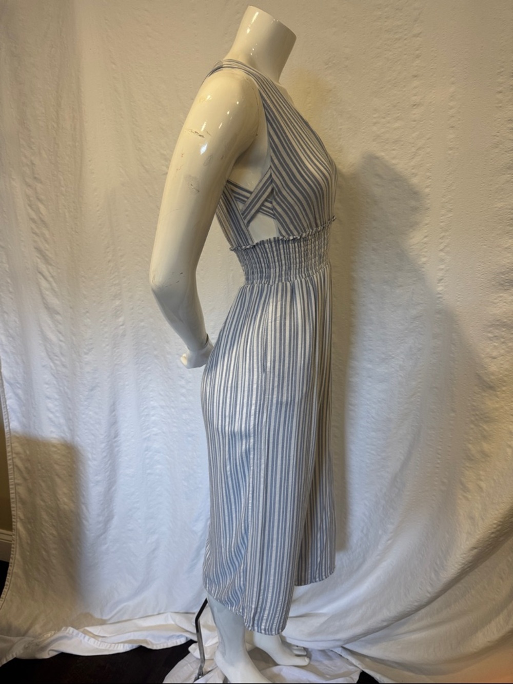 ILLA ILLA Blue White Striped Jumpsuit Small Wide Leg Smocked Waist